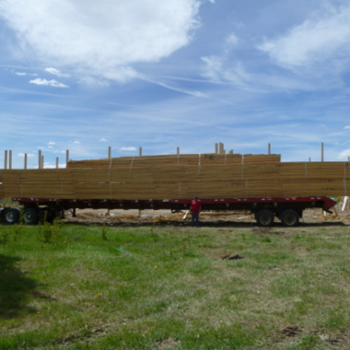 A flatbed truck loaded with long wooden planks is parked on grassy terrain. A person standing nearby highlights the load's large scale under a partly cloudy sky.