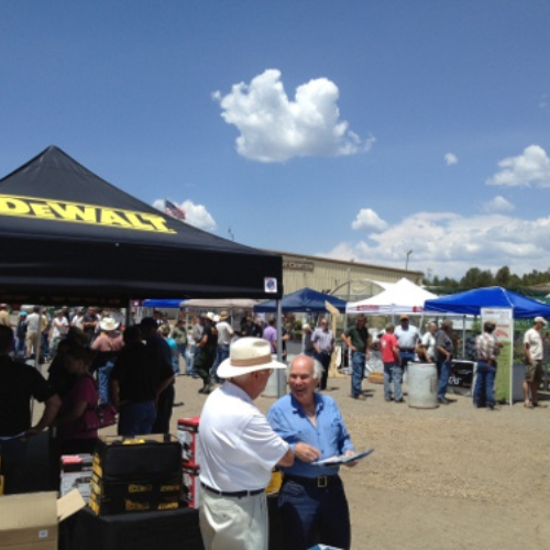 Outdoor trade show under a bright blue sky with scattered clouds. Crowds gather around booths with items on display. A 