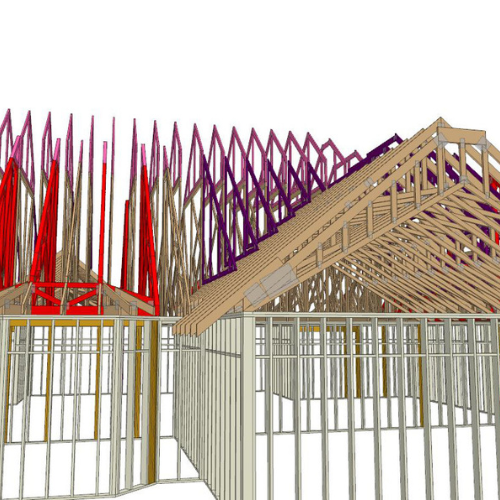 A 3D architectural model of a building frame, showing wooden beams and colorful trusses in red and purple, illustrating construction design.