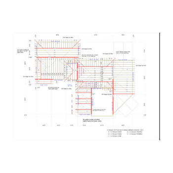 Architectural blueprint showing floor plan with dimensions, stair layout, and structural details in red and blue lines.