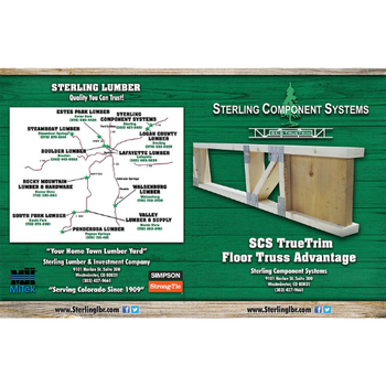 A promotional image for Sterling Lumber and Sterling Component Systems featuring a diagram of their services and a truss illustration.